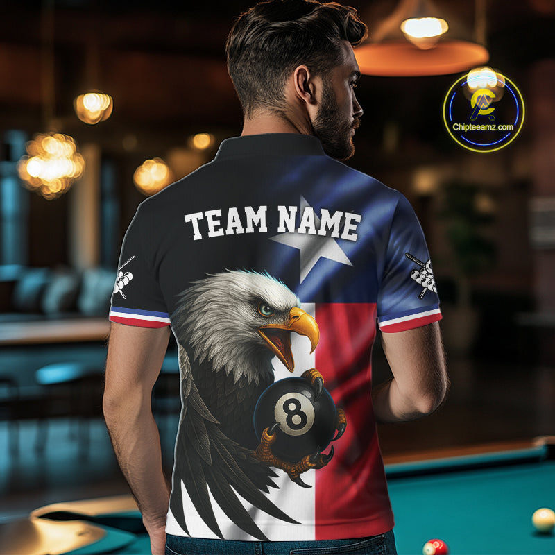 Texas Flag Eagle 8 Ball Men's Billiard Polo & 1/4 Zip Custom Patriotic Team Billiard Pool Jersey TDM5464