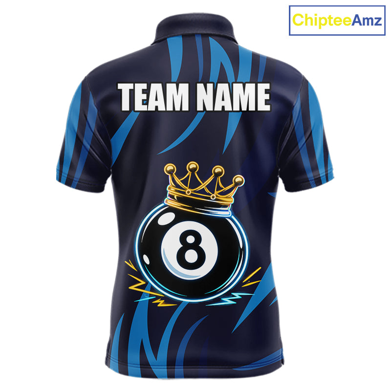 Blue Funny 8 Ball Pool Crown Neon Billiard Shirt For Men Custom Billiard Team Jersey Polo, 1/4 Zip TDM5737