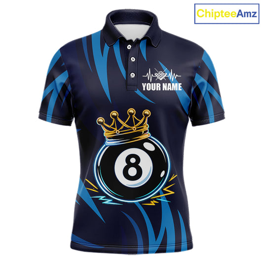 Blue Funny 8 Ball Pool Crown Neon Billiard Shirt For Men Custom Billiard Team Jersey Polo, 1/4 Zip TDM5737