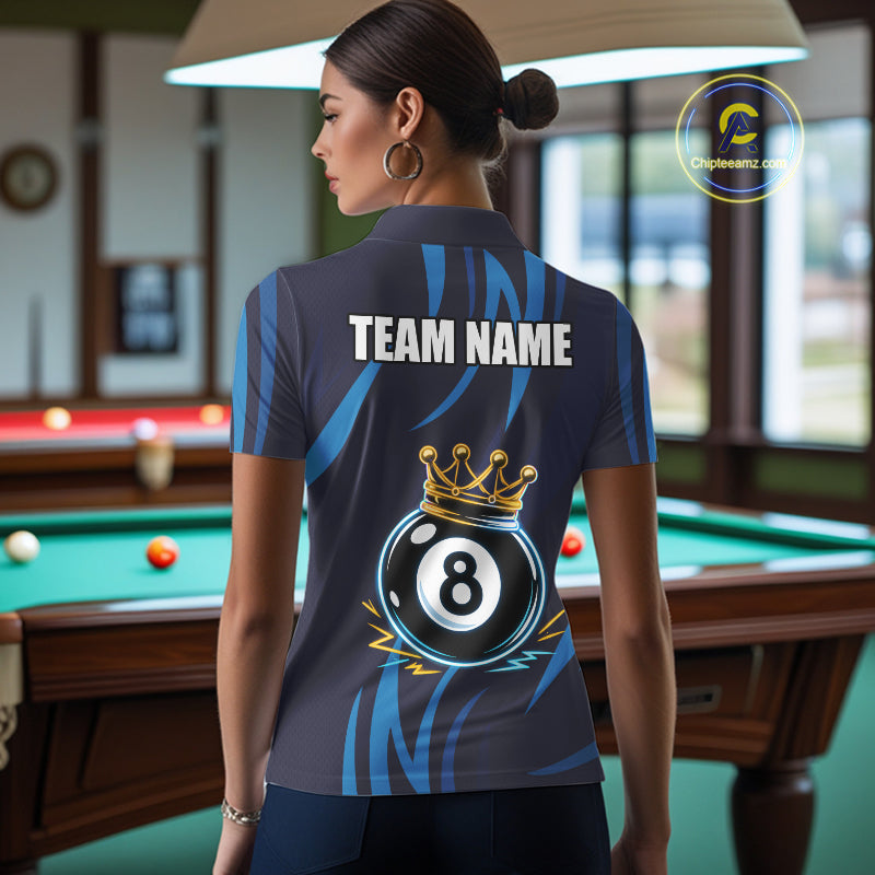Blue Funny 8 Ball Pool Crown Neon Billiard Shirt For Women Custom Billiard Team Jersey Polo, 1/4 Zip TDM5737