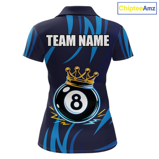 Blue Funny 8 Ball Pool Crown Neon Billiard Shirt For Women Custom Billiard Team Jersey Polo, 1/4 Zip TDM5737
