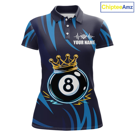 Blue Funny 8 Ball Pool Crown Neon Billiard Shirt For Women Custom Billiard Team Jersey Polo, 1/4 Zip TDM5737