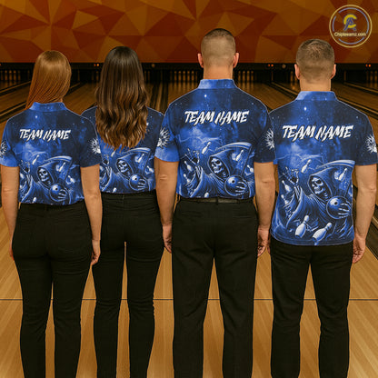 Funny Blue Grim Reaper Galaxy Bowling Shirt For Women Custom Bowling Team Jersey Polo & 1/4 Zip TDM6079