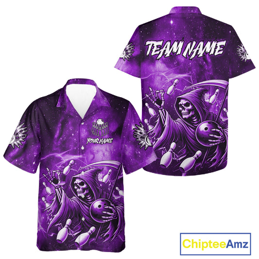 Funny Purple Grim Reaper Galaxy Hawaiian Bowling Shirt For Women Custom Bowling Team Jersey Outfit TDM6080