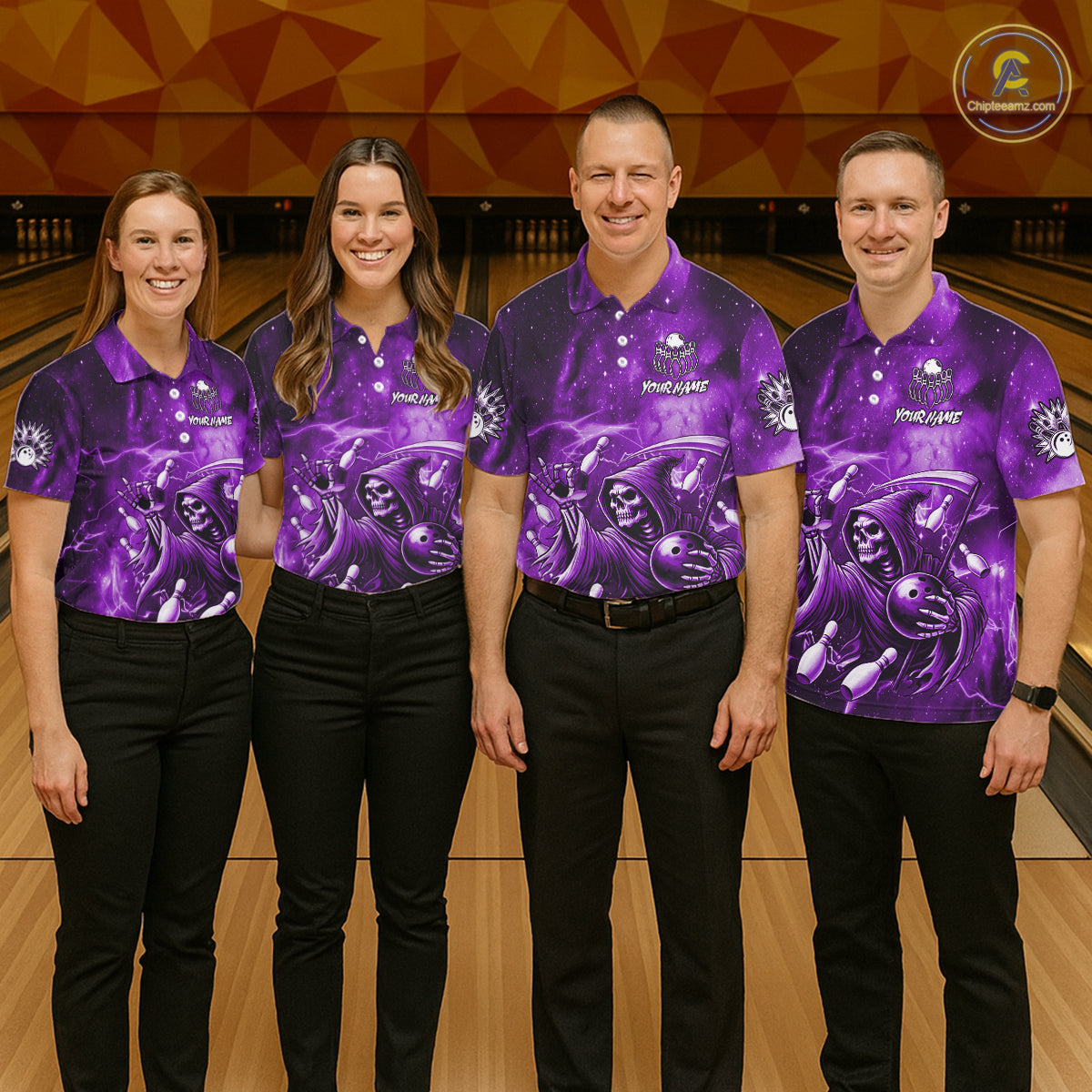 Funny Purple Grim Reaper Galaxy Bowling Shirt For Women Custom Bowling Team Jersey Polo & 1/4 Zip TDM6080