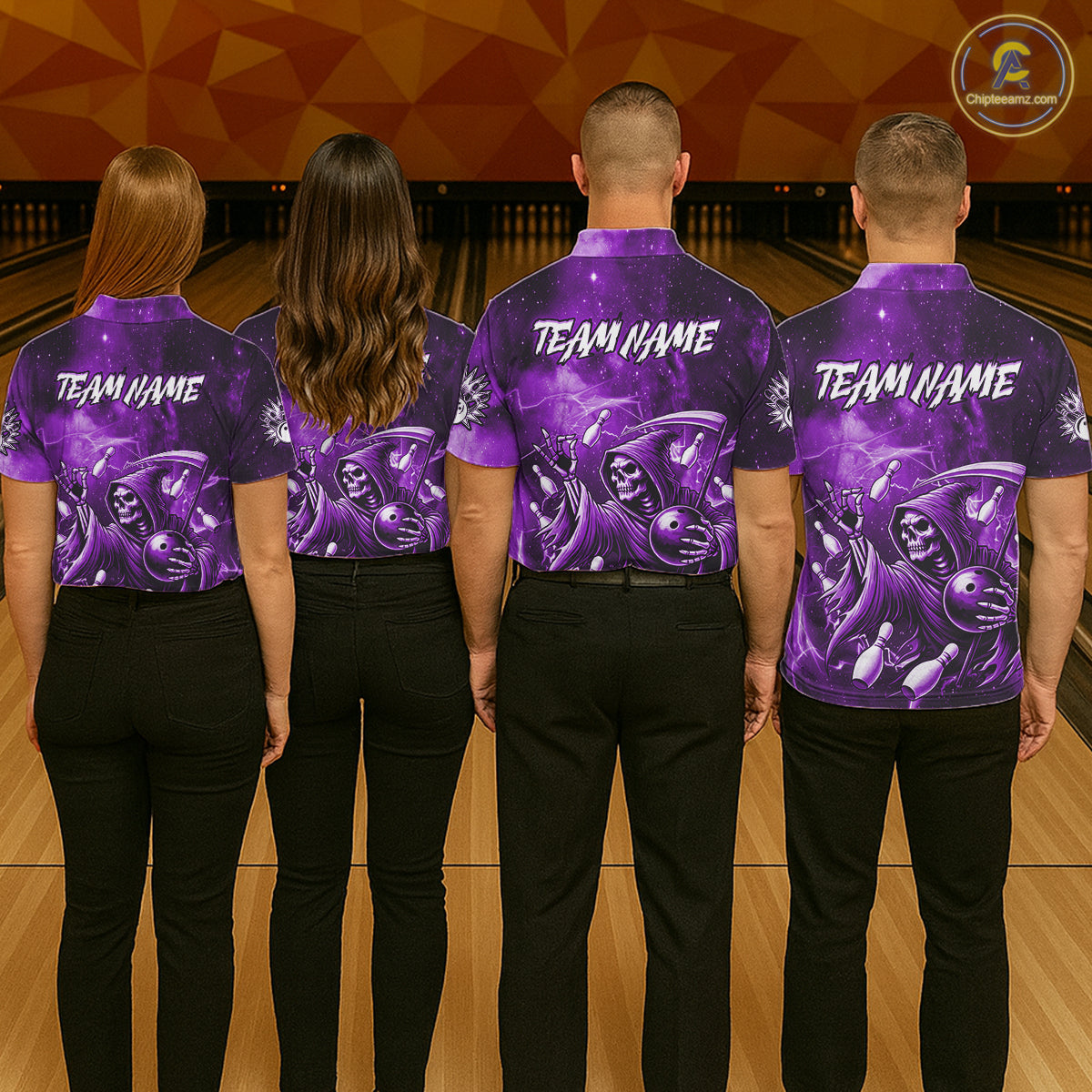Funny Purple Grim Reaper Galaxy Bowling Shirt For Women Custom Bowling Team Jersey Polo & 1/4 Zip TDM6080