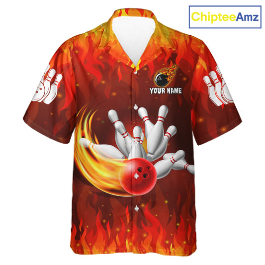 Personalized Flame Red Hawaiian Bowling Shirt For Women Custom Fire Bowling Team Jersey TDM6089