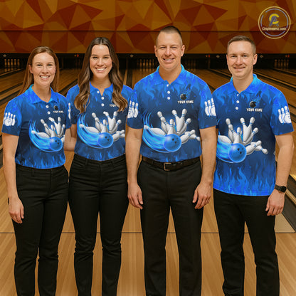 Personalized Flame Blue Bowling Shirt For Women Custom Fire Bowling Team Jersey Polo & 1/4 Zip TDM6090