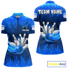 Load image into Gallery viewer, Personalized Flame Blue Bowling Shirt For Women Custom Fire Bowling Team Jersey Polo &amp; 1/4 Zip TDM6090