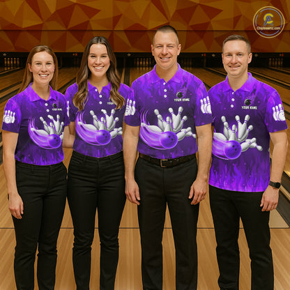 Personalized Flame Purple Bowling Shirt For Women Custom Fire Bowling Team Jersey Polo & 1/4 Zip TDM6091