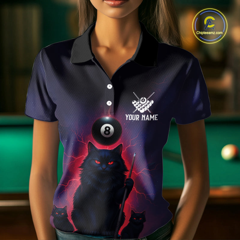 Personalized Billiard Cats Lightning 8 Ball Pool Shirt For Women, Billiard Team Jersey Polo & 1/4 Zip TDM6344