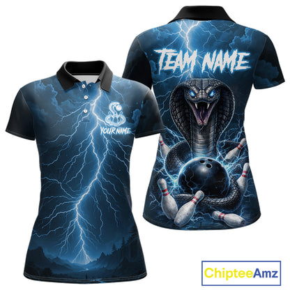 Custom Blue Lightning Cobra Snake Bowling Shirt For Women, Bowling Team Jersey Polo & 1/4 Zip TDM6350