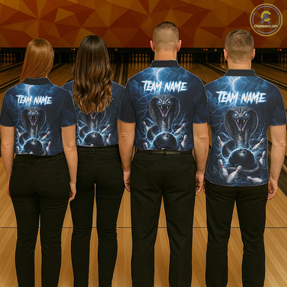 Custom Blue Lightning Cobra Snake Bowling Shirt For Women, Bowling Team Jersey Polo & 1/4 Zip TDM6350