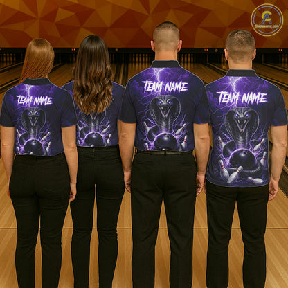 Custom Purple Lightning Cobra Snake Bowling Shirt For Men, Bowling Team Jersey Polo & 1/4 Zip TDM6351