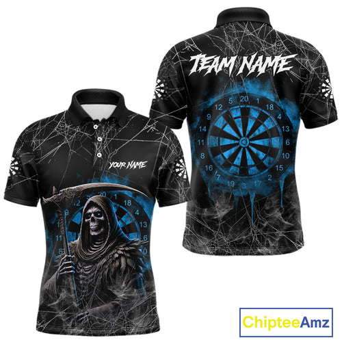 Black And Blue Grim Reaper Smoke Funny Dart Shirts For Men Custom Dart Jerseys, Darts Clothing TDM4005
