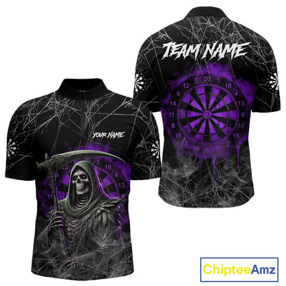 Black And Purple Smoke Grim Reaper Funny Dart Shirts For Men Custom Dart Jerseys, Darts Clothing TDM4006