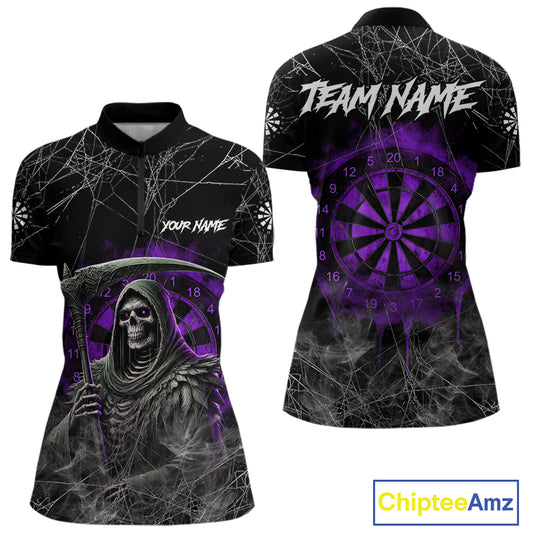 Black And Purple Smoke Grim Reaper Funny Dart Shirts For Women Custom Dart Jerseys, Darts Clothing TDM4006