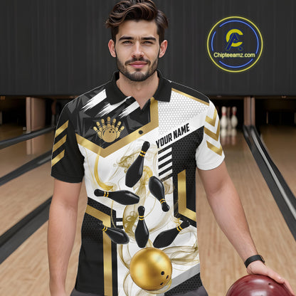 Custom Smoke Bowling Pins Polo & Quarter Zip Shirt For Men, Bowling League Team Jersey |Gold TDM6521