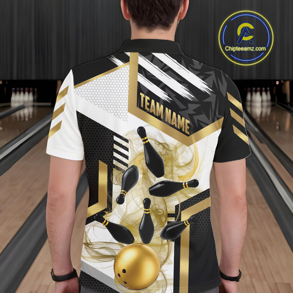 Custom Smoke Bowling Pins Polo & Quarter Zip Shirt For Men, Bowling League Team Jersey |Gold TDM6521