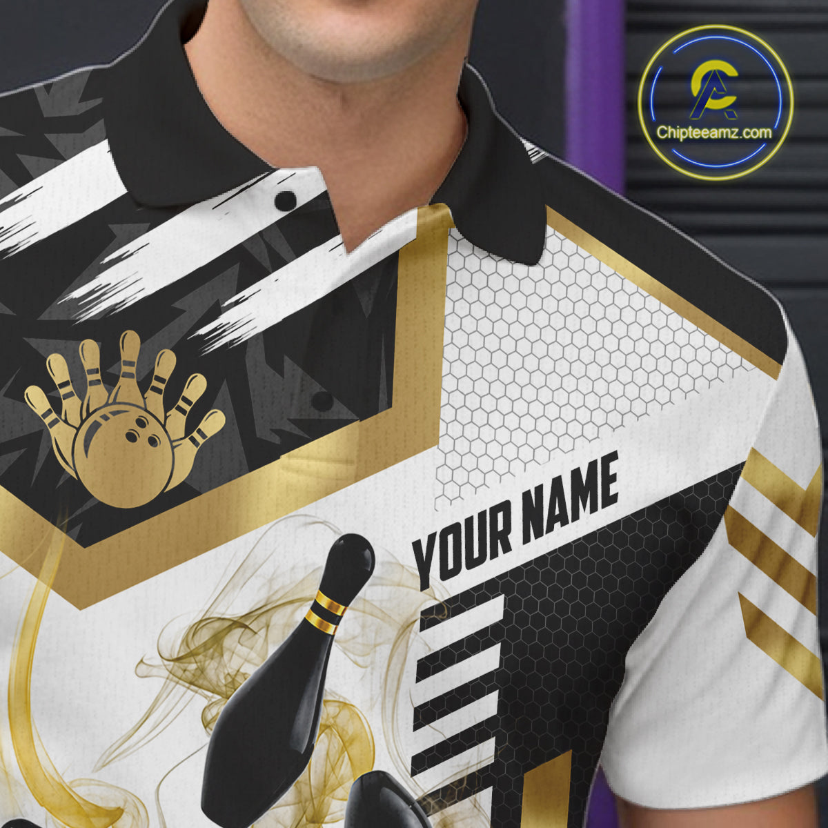 Custom Smoke Bowling Pins Polo & Quarter Zip Shirt For Men, Bowling League Team Jersey |Gold TDM6521