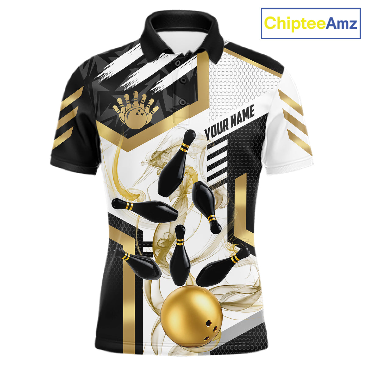 Custom Smoke Bowling Pins Polo & Quarter Zip Shirt For Men, Bowling League Team Jersey |Gold TDM6521