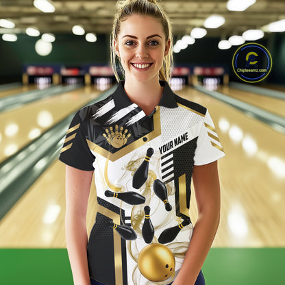 Custom Smoke Bowling Pins Polo & Quarter Zip Shirt For Women, Bowling League Team Jersey |Gold TDM6521