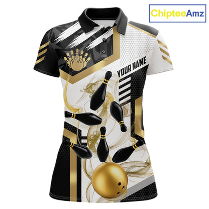 Custom Smoke Bowling Pins Polo & Quarter Zip Shirt For Women, Bowling League Team Jersey |Gold TDM6521