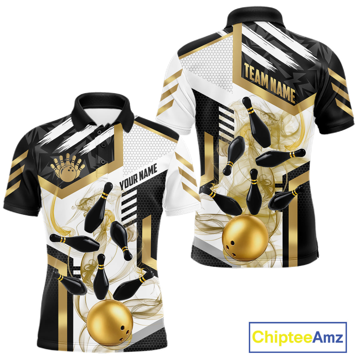 Custom Smoke Bowling Pins Polo & Quarter Zip Shirt For Men, Bowling League Team Jersey |Gold TDM6521