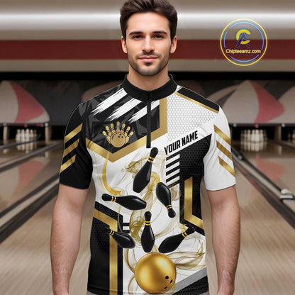 Custom Smoke Bowling Pins Polo & Quarter Zip Shirt For Men, Bowling League Team Jersey |Gold TDM6521