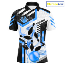 Load image into Gallery viewer, Custom Smoke Bowling Pins Polo &amp; Quarter Zip Shirt For Men, Bowling League Team Jersey |Blue TDM6522