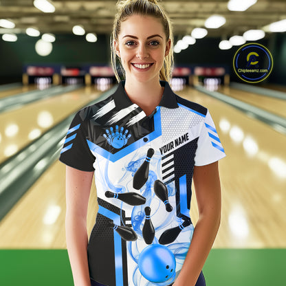 Custom Smoke Bowling Pins Polo & Quarter Zip Shirt For Women, Bowling League Team Jersey |Blue TDM6522