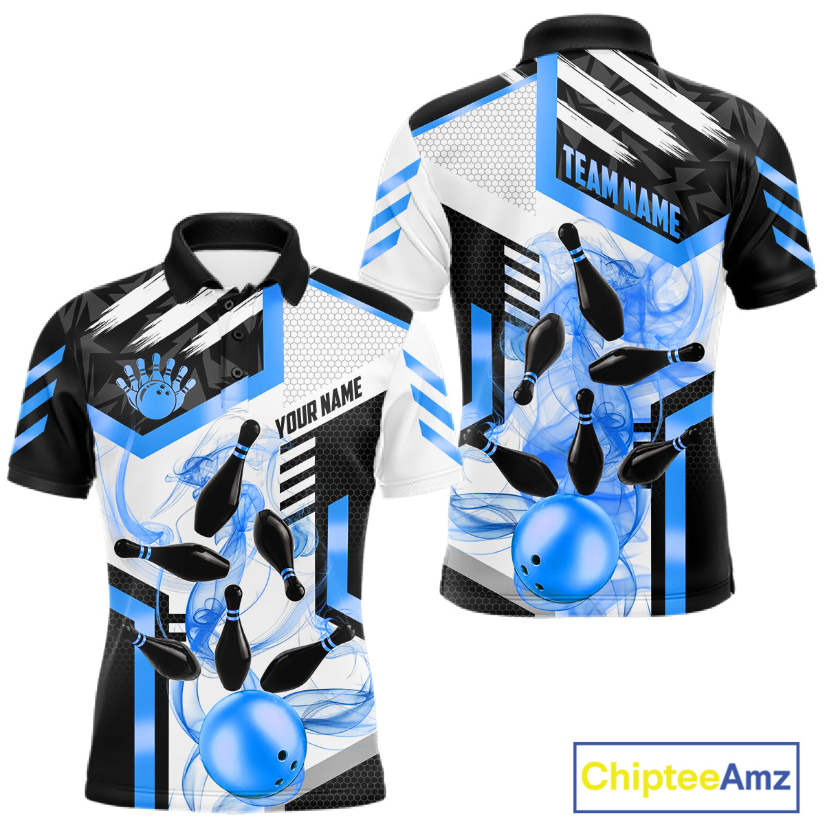 Custom Smoke Bowling Pins Polo & Quarter Zip Shirt For Men, Bowling League Team Jersey |Blue TDM6522