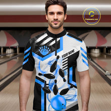 Load image into Gallery viewer, Custom Smoke Bowling Pins Polo &amp; Quarter Zip Shirt For Men, Bowling League Team Jersey |Blue TDM6522
