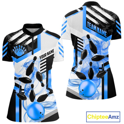 Custom Smoke Bowling Pins Polo & Quarter Zip Shirt For Women, Bowling League Team Jersey |Blue TDM6522