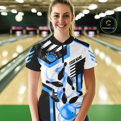 Custom Smoke Bowling Pins Polo & Quarter Zip Shirt For Women, Bowling League Team Jersey |Blue TDM6522