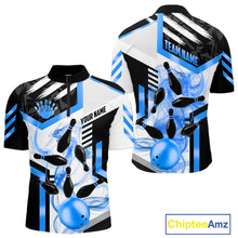 Load image into Gallery viewer, Custom Smoke Bowling Pins Polo &amp; Quarter Zip Shirt For Men, Bowling League Team Jersey |Blue TDM6522