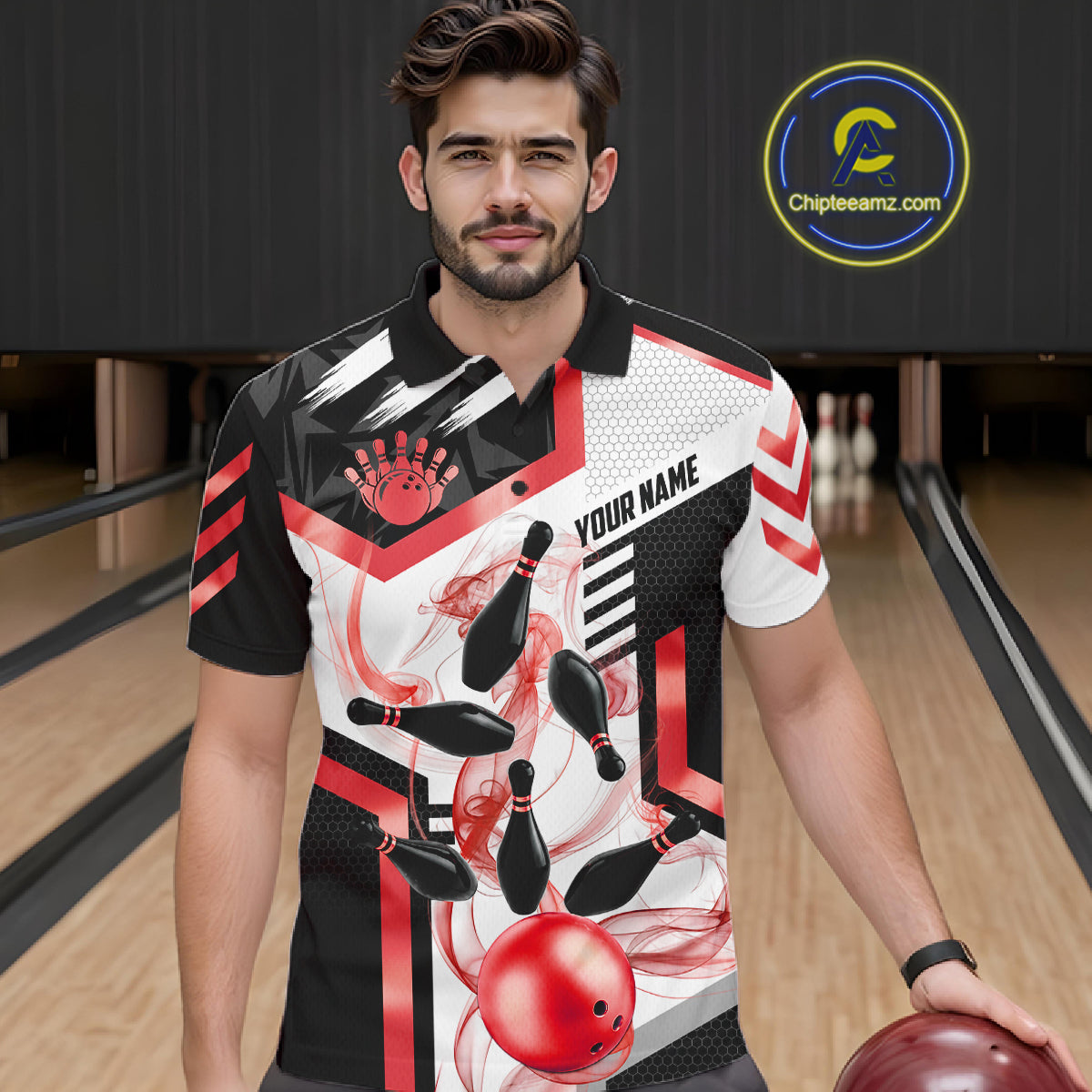 Custom Smoke Bowling Pins Polo & Quarter Zip Shirt For Men, Bowling League Team Jersey |Red TDM6523