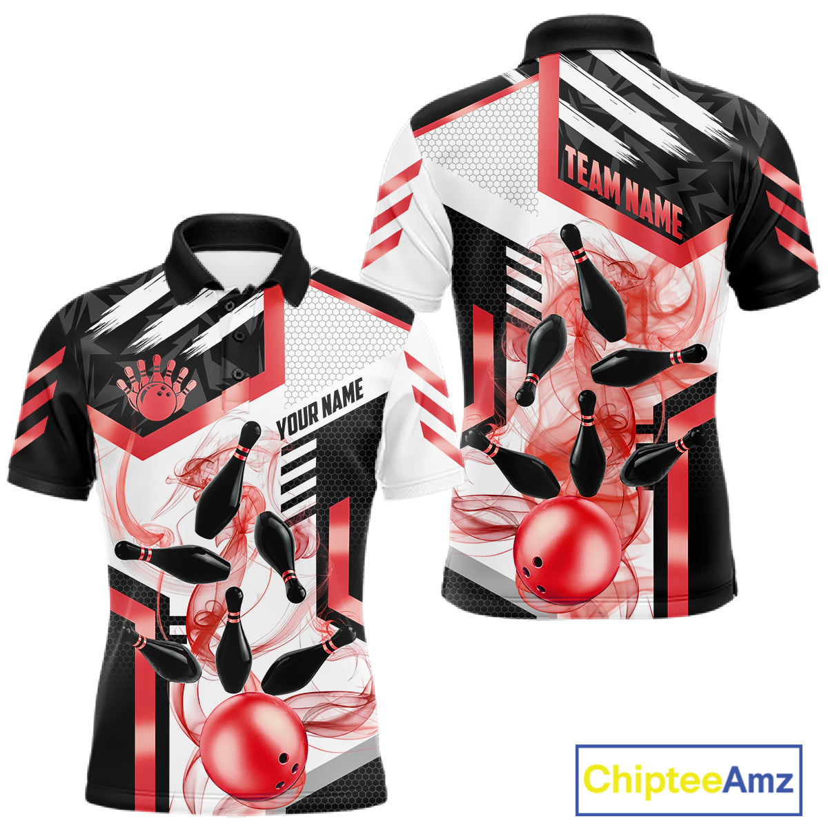 Custom Smoke Bowling Pins Polo & Quarter Zip Shirt For Men, Bowling League Team Jersey |Red TDM6523