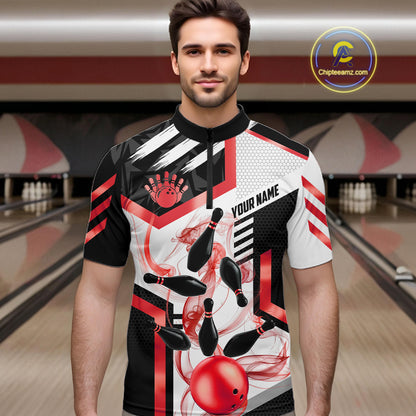 Custom Smoke Bowling Pins Polo & Quarter Zip Shirt For Men, Bowling League Team Jersey |Red TDM6523
