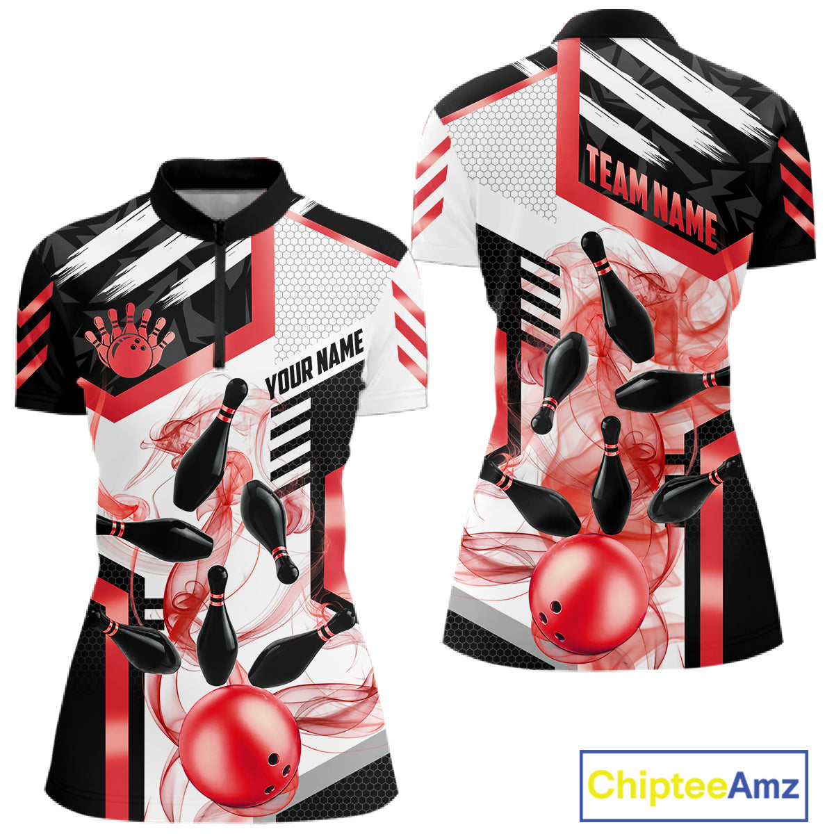 Custom Smoke Bowling Pins Polo & Quarter Zip Shirt For Women, Bowling League Team Jersey |Red TDM6523