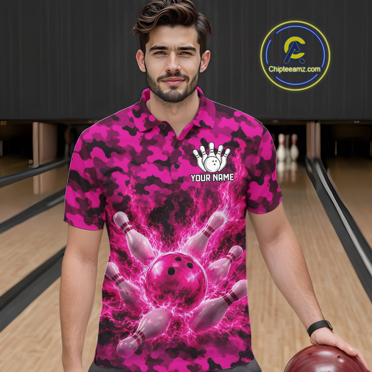 Custom Pink Camo Lightning Flame Bowling Jersey For Men, Bowling Team Shirts Polo & 1/4 Zip TDM6524