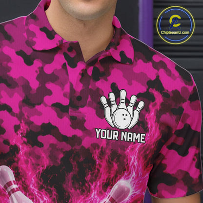 Custom Pink Camo Lightning Flame Bowling Jersey For Men, Bowling Team Shirts Polo & 1/4 Zip TDM6524