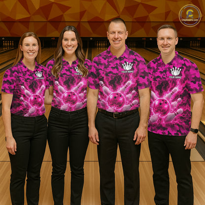 Custom Pink Camo Lightning Flame Bowling Jersey For Men, Bowling Team Shirts Polo & 1/4 Zip TDM6524