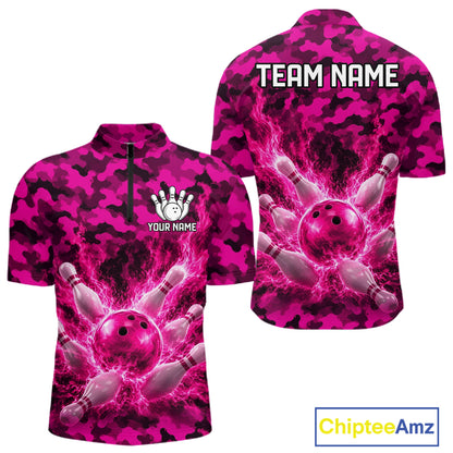 Custom Pink Camo Lightning Flame Bowling Jersey For Men, Bowling Team Shirts Polo & 1/4 Zip TDM6524
