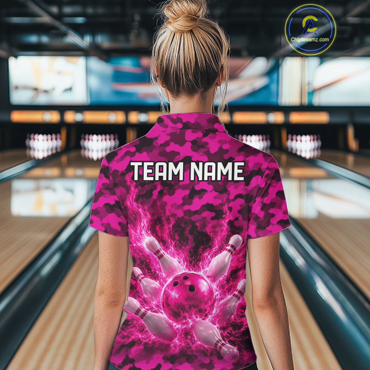Custom Pink Camo Lightning Flame Bowling Jersey For Women, Bowling Team Shirts Polo & 1/4 Zip TDM6524