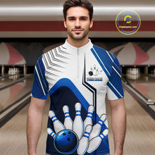 Load image into Gallery viewer, Custom White And Blue Bowling Ball Polo &amp; Quarter Zip For Men, Bowling Team Shirts, Bowling Jersey TDM6525