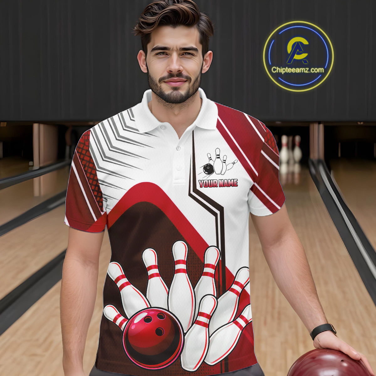 Custom White And Red Bowling Ball Polo & Quarter Zip For Men, Bowling Team Shirts, Bowling Jersey TDM6526