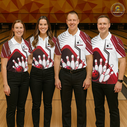 Custom White And Red Bowling Ball Polo & Quarter Zip For Men, Bowling Team Shirts, Bowling Jersey TDM6526