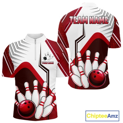 Custom White And Red Bowling Ball Polo & Quarter Zip For Men, Bowling Team Shirts, Bowling Jersey TDM6526