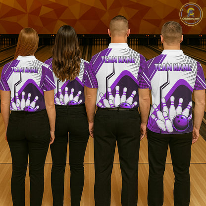 Custom White And Purple Bowling Ball Polo & Quarter Zip For Men, Bowling Team Shirt, Bowling Jersey TDM6527
